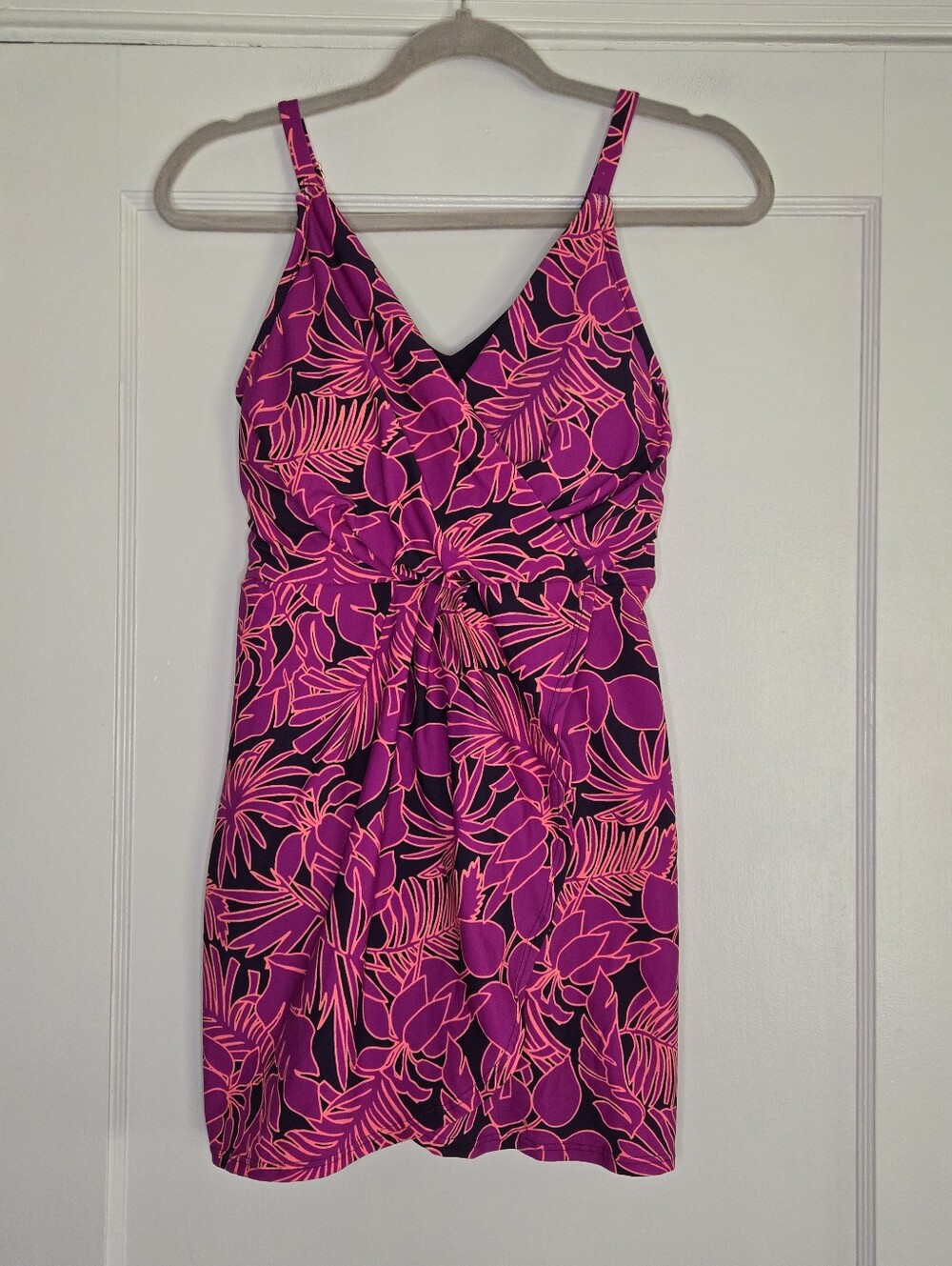 Lands' End Pink, Purple & Coral Tropical Floral One-Piece Swim Dress Women's S